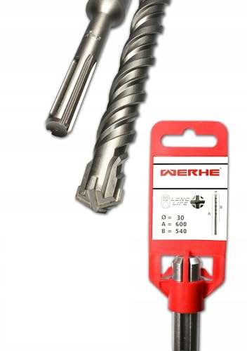 WERHE Concrete Drill Bit SDS Max 30 x 600 mm, Hammer Drill Bit with 4 Cutting Edges for Concrete and Brick
