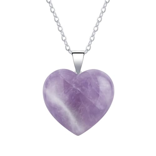 Pendentif en forme de cœur en améthyste naturelle avec cristaux de guérison pour femmes, cadeau pour la fête des mères, pierres précieuses d'amour, collier en acier inoxydable, 50 cm, Grande, Gemme,