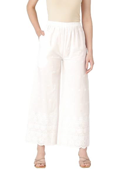 Image of feranoid White Chicken Embroidred Cotton Regular Fit Palazzo