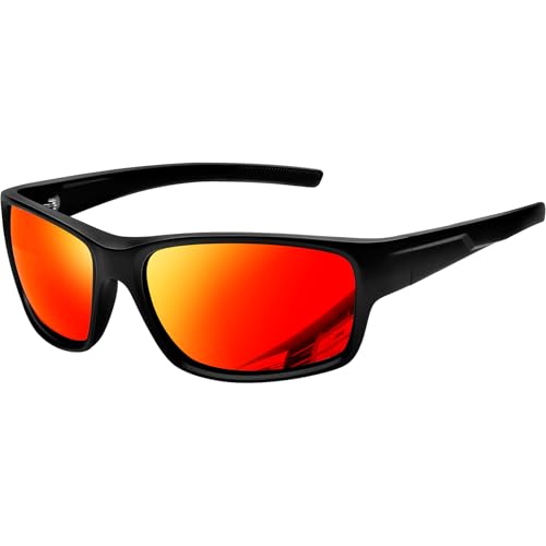 KANASTAL Lunettes de Soleil Homme Femme Sport Enveloppantes Rectangulaires Ultra-Légères Polarisées UV400 - Cadre Noir Mat, Verres Miroir Orange-rouge