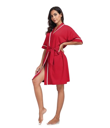Image of ANLIQI Womens 100% Cotton Robes Lightweight Summer Short Sleeve Lady Bathrobe Knee Length Kimono Robe Sleepwear with Pockets