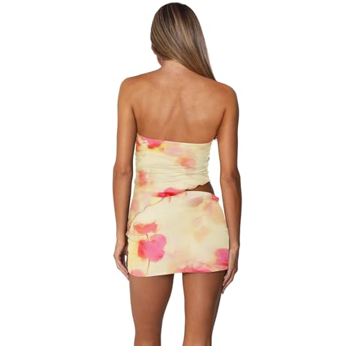Image of Goafuliy Two Piece Skirt Set for Women Summer Asymmetrical Mesh Strapless Tube Tops Mini Skirt Set Going Out Outfits