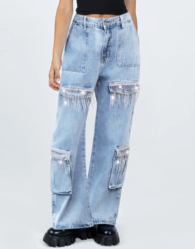 Women's Cargo Denim Jeans Sparkly Glitter Fringe Jeans Nashville Wide Leg Pants with Rhinestone Tassel3