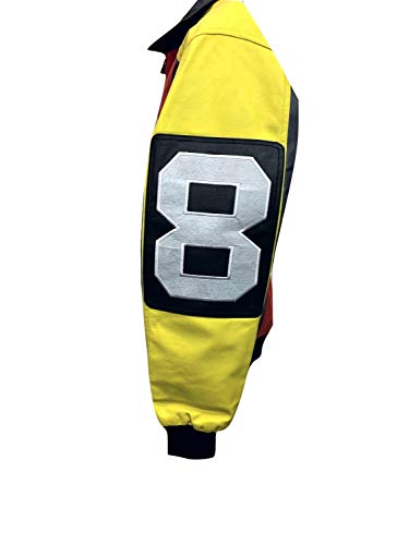 Image of My Party Shirt David Puddy 8 Ball Bomber Jacket - Faux Leather Coat 90s Costume Hip Hop Fashion Rapper Style TV Show - Red Retro