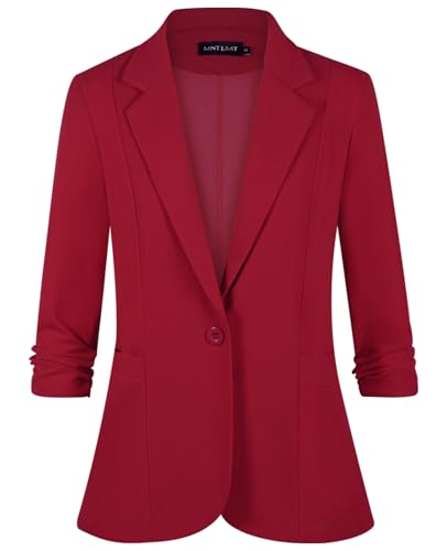 Image of MINTLIMIT 3/4 Ruched Sleeve Lightweight Blazer Front Lined Notch Lapel Women's Casual One Button Work Looks (Red M)
