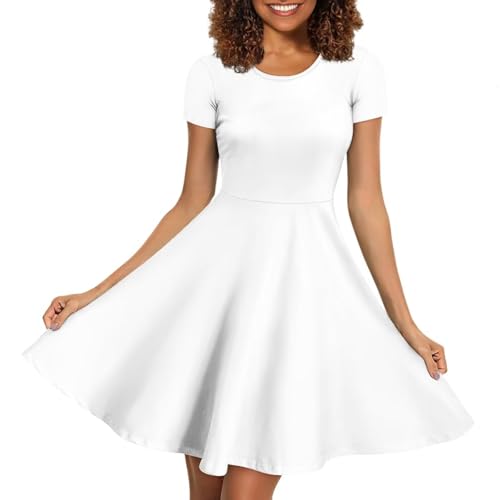 Image of POLERO Women Puffy Swing Elegant Party Midi Dresses Short Sleeve Round Neck A-Line Dress