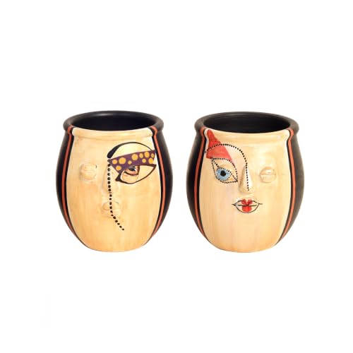 Image of Aakriti Art Creations Terracotta Face Art Twin Pots Set of 2 | Multicolor Modern Art Decorative Pots | Matte Finish Planters for Home & Office Table Decor