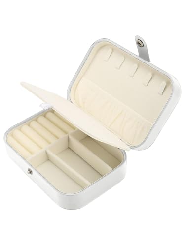 Image of Cortina Jewellery Organiser PU Leather Zipper | Portable Storage Box Case with Dividers | Container for Rings, Earrings, Necklace Home Organizer - White