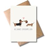 WBdesignz Hochzeitskarte mit Umschlag - Grußkarte für Brautpaar aus Dackeln, Motiv „Auf laaaanges gemeinsames Leben“ mit Herz, romantische karte zur Hochzeit, Paare, Freunde & Familie (DIN A6)