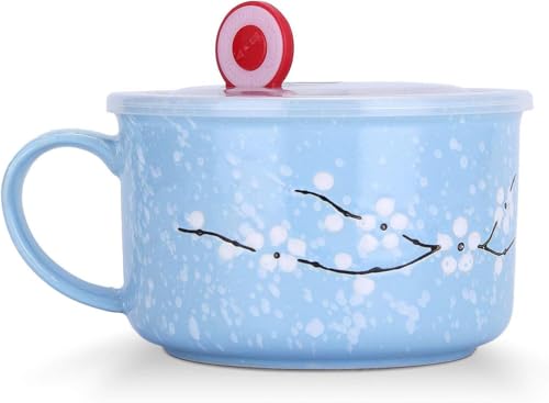 Biigming Bols à Céréales Grande Tasse en Céramique avec Couvercle 800ml Mug Motif Fleurs de Cerisier Flocons de Neige Pour Petit-déjeuner Nouilles Salades Céréales(Bleu)
