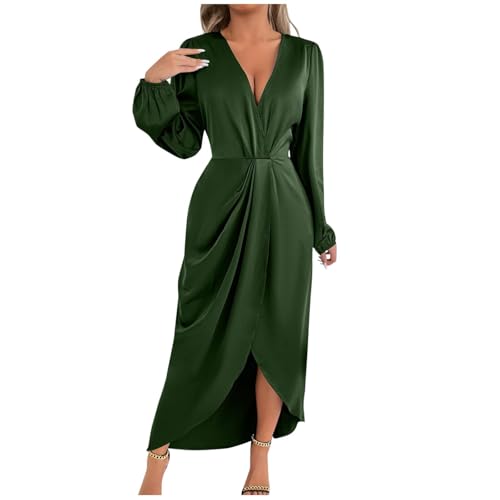 GMQWRK Satin-Langarm-Kleider für Damen, modern, stilvoll, gerüscht, Wickelkleid, V-Ausschnitt, Tulpen-Saum, elegantes Seiden-Maxikleid für...