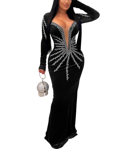 Image of Jigfar Women's Sexy Elegant Rhinestone Embellished Velvet Party Club Night Bodycon Formal Evening Maxi Dress