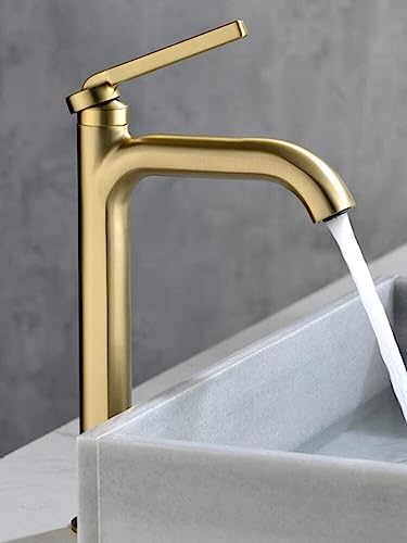 洗面用蛇口 ブラッククローム 冷温水真鍮ミキサーシンクタップ シングルレバーデッキマウント水栓(Brush gold tall)