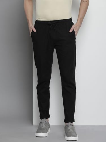 Image of The Indian Garage Co Men Slim Fit Solid Mid-Rise Elasticated Linen Jogger Trouser