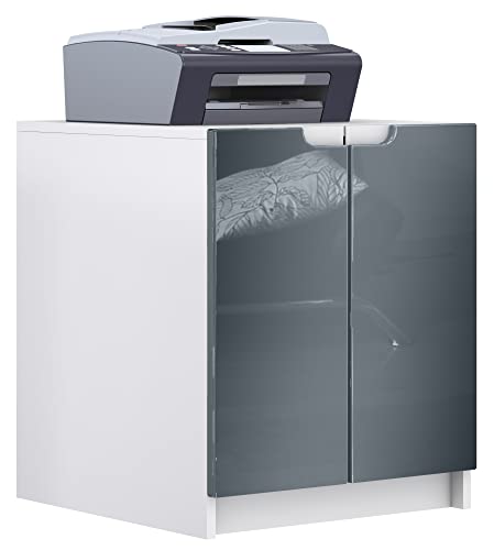 Vladon Druckerkommode Logan, Aktenschrank mit 2 Fächern und 2 Türen, Korpus in Weiß matt, Fronten in Grau Hochglanz, (51 x 60,5 x 54 cm)