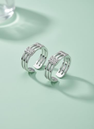 Image of Parnika 925 Sterling Silver Adjustable Toe Ring for Women | Triple Band CZ Studded Open Toe Ring | Hallmarked Pure Silver Foot Jewelry