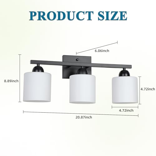 Image of Mecgirn Milk Glass Vanity Lights for Bathroom, 3 Light Matte Black Bathroom Light Fixtures Over Mirror, Ceramic E26 Sockets Wall Mounted