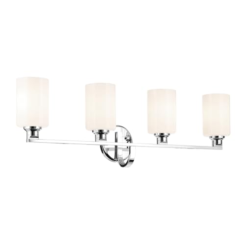 Image of Kichler Gioe 32.25 inch 4-Light Bathroom Vanity Light Fixture with Opal Glass in Chrome, Modern Wall Mount Light for Over Mirror, Damp Rated (32.25 inch W x 10.5 inch H), 55227CH