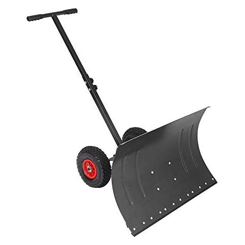 TUFFIOM Snow Pusher Shovel for Driveway with Wheels, 29" Wide Heavy Duty Push Snow Plow Shovel, Wheeled Rolling Snow Shovels for Snow Removal Adjustable Angle & Height Handle Cover