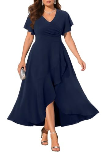 Image of Pinup Fashion Plus Size Formal Wedding Guest Cocktail High Low Long Dress | Elegant wrap v-neck, flutter sleeves, empire waist, hi-lo split ruffle hem, evening, mother of bride /groom, easter