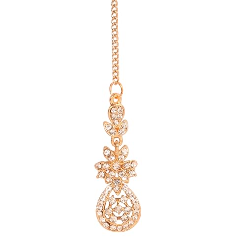 Touchstone Indian tikka jewelry hair accessories maang tikka bindi head piece for women mangtika gold headpiece hair bollywood forehead small simple crystal white stone kundan in antique gold tone