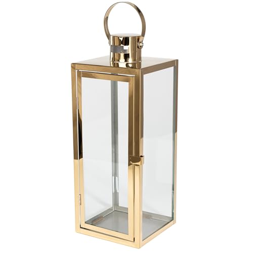Laterne Metall Glas, dekorativer Lampion für Wohnzimmer & Outdoor – modern & elegant, in 3 Größen 38/49/63 cm & Farben Schwarz/Gold/Silber, auch als Set erhältlich (Gold, 63cm)