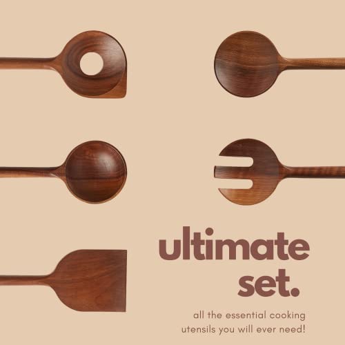 Kitchen Utensils Set With Holder And Spoon Rest - Includes Wooden Spoons For Cooking Safely: Sauce Spoon, Spatula, Soup Ladle, Salad Spoon And Fork - Kitchen Tools Made Of American Walnut By Ziruma. #TOP4