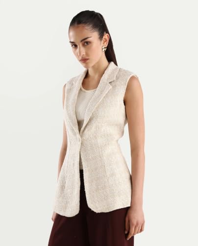 Image of Rareism Fitted Solid Beige Polyester Blend Sleeveless Lapel Coat