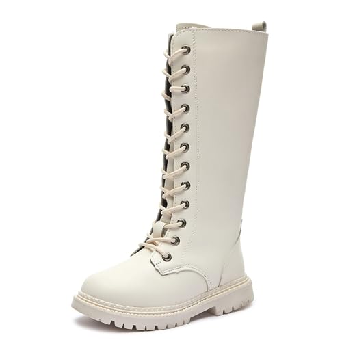 AZAGNEEM Girls Leather Riding Knee High Boots with Side Zipper Fashion Round Toe Comfortable Low Heel Lace Up Combat Boots Lug Sole Motorcycle Boots Little Kid/Big Kid (white,numeric_10_point_5)