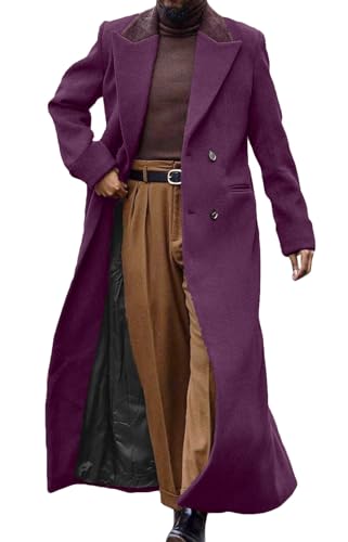 Image of Man's Double Breasted Full Length Trench Coat Casual Corduroy Collar Long Jacket Peacoat Wool Blend Winter