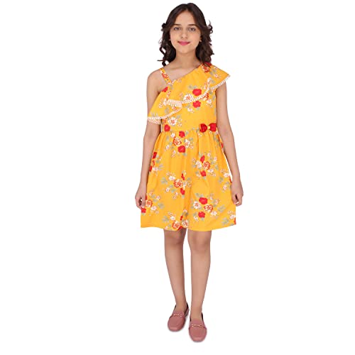 Image of Cutecumber Girls Polyester Floral Printed Mustard Dress. CC6174D-MUSTARD