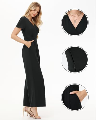 Tanmolo Damen Jumpsuit Elegant Sommer Kurzarm V-Ausschnitt Overall Weites Bein Romper Mit Taschen Schwarz, M