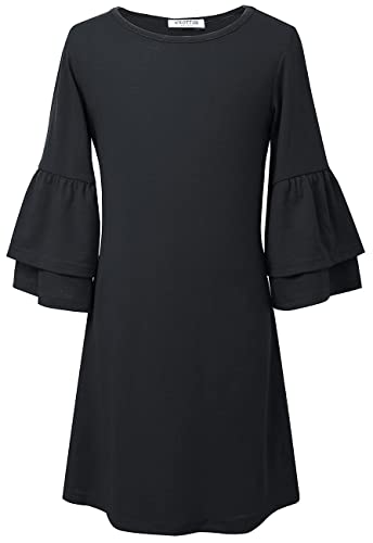 Kilottor Girls Dress Sweet Cute Round Neck Bell Sleeve Shift Dress Mini Dress 13 Years 14 Years Kc105 (Black, 13-14Y) #TOP2
