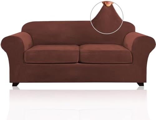 PrinceDeco Couch Cover Velvet Plush Sofa Covers for 2 Cushion Couch Width Up to 90 Inch Washable Furniture Protector Pet Friendly No Slip Sofa Slipcover(Medium-Large, Burnt Brick)
