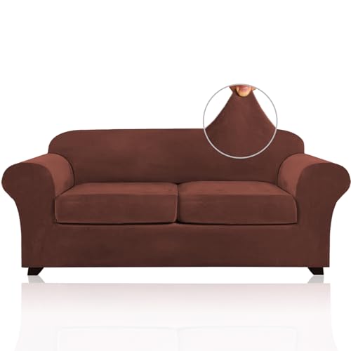 PrinceDeco Couch Cover Velvet Plush Sofa Covers for 2 Cushion Couch Width Up to 90 Inch Washable Furniture Protector Pet Friendly No Slip Sofa Slipcover(Medium-Large, Burnt Brick)