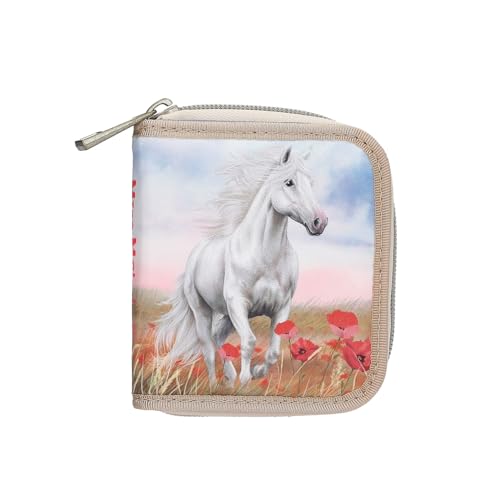 Depesche 13344 Miss Melody Poppy Sand - Porte-Monnaie en Beige et Bleu, avec Motif de Chevaux et de Coquelicots, Porte-Monnaie avec Bouton-Pression