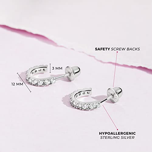 925 Sterling Silver Clear Cubic Zirconia Small Half Hoop Screw Back Earrings for Teens and Women - Classic and Elegant Safety Screw Back Earrings Wear for All Occasion4