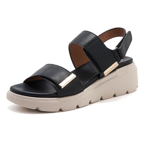 Women's Leather Two Band Platform Wedge Walking Sandals With Arch Support Casual Adjust Hook Loop Thick Cushion Orthopedics Anti-Slip Athletic Sandals For Vocation Shopping Commuting Daily