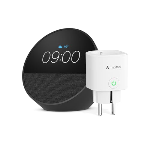 Echo Spot | Negro + Meross Enchufe Inteligente Matter, compatible con Alexa – Kit de inicio de Hogar digital