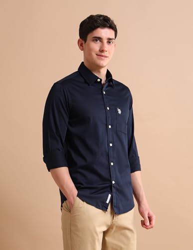 Image of U.S. Polo ASSN. Solid Tailored Fit Shirt for Men - 100% Cotton, Breathable & Comfortable, Full Sleeves Casual Shirt for Men
