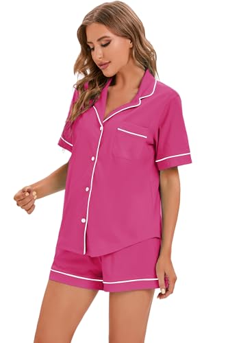 Image of LUBOT 100% Cotton Pajamas for Women 2 Piece PJ Set Button-Down Soft Knit Short Sleeve Summer Sleepwear Loungewear XS-XXL
