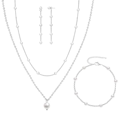 DIBOLA Silver Jewelry Set for Women Dainty Silver Layered Pearl Choker Necklaces and Earring Set Pearl Drop Earrings Bracelets Wedding Bride Jewelry
