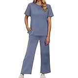 QJDFLL Damen Sets, modische Outfits, Loungewear mit weitem Bein, seitlicher Schlitz, Trainingsanzug für Urlaub, Reisen, Flughafen(Blau,3XL)