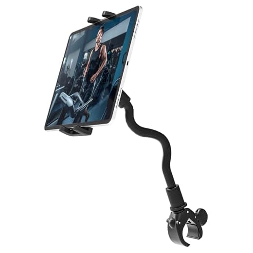 Charchendo Tablet Holder for Spin Bike, Universal Handlebar Phone Mount with Gooseneck for Stationary Exercise Bike, Elliptical, Compatible with iPad Pro/Air/Mini, Smartphones More Devices 4-13''