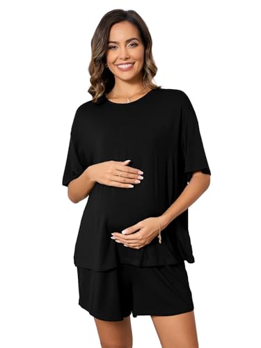 Image of OYOANGLE Women's Maternity 2 Pieces Pajamas Outfits Loose Short Sleeve T-shirt Top and Shorts Loungewear Black Solid L