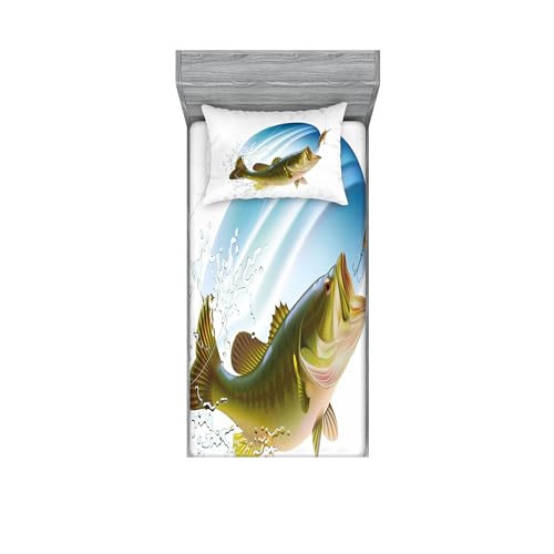 Ambesonne Fishing Fitted Sheet & Pillow Sham Set, Largemouth Sea Bass Catching a Bite in Water Spray Motion Splashing Wild Image, Decorative Printed 2 Piece Bedding Decor Set, Twin, Blue and Green