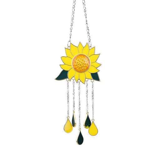 Reicyfang Sunflower Wind Chimes Ornaments, Stained Glass Dripping Sunflower Pendant Window Hanging Panel Decoration with Chain, Flower Wind Chimes Art Decorations for Garden Patio Decor