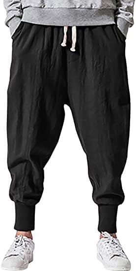 Mens Linen Harem Pants Lightweight Drawstring Elastic Waist Baggy Joggers Casual Cargo Sweatpants Pant - Image 2