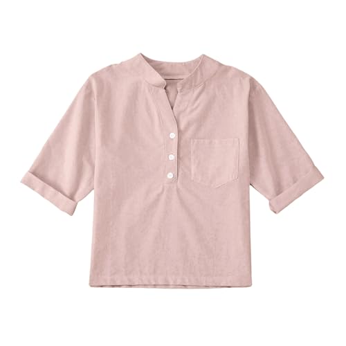 Teen Kids Girls Cotton Linen Shirts Roll Up Elbow-Length Sleeve Shirt V-Neck Button-Down Blouse for Girls Summer Top