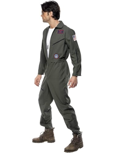 Smiffys Men's Aviator Pilot Costume, Military Green Jumpsuit with Badge Detail, Top Gun-Inspired Fancy Dress Outfit, Available in Sizes S-XXL